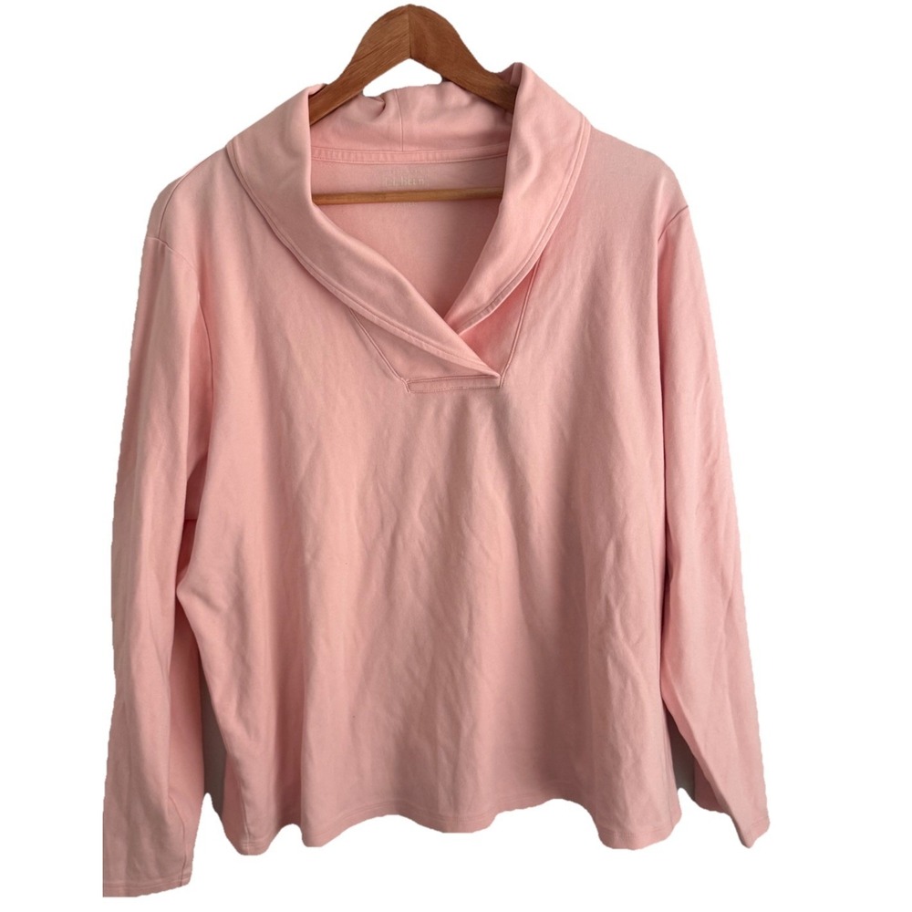 LL Bean Shirt Womens 2X R Pink Shawl Collar Long Sleeve Cotton Top Pullover